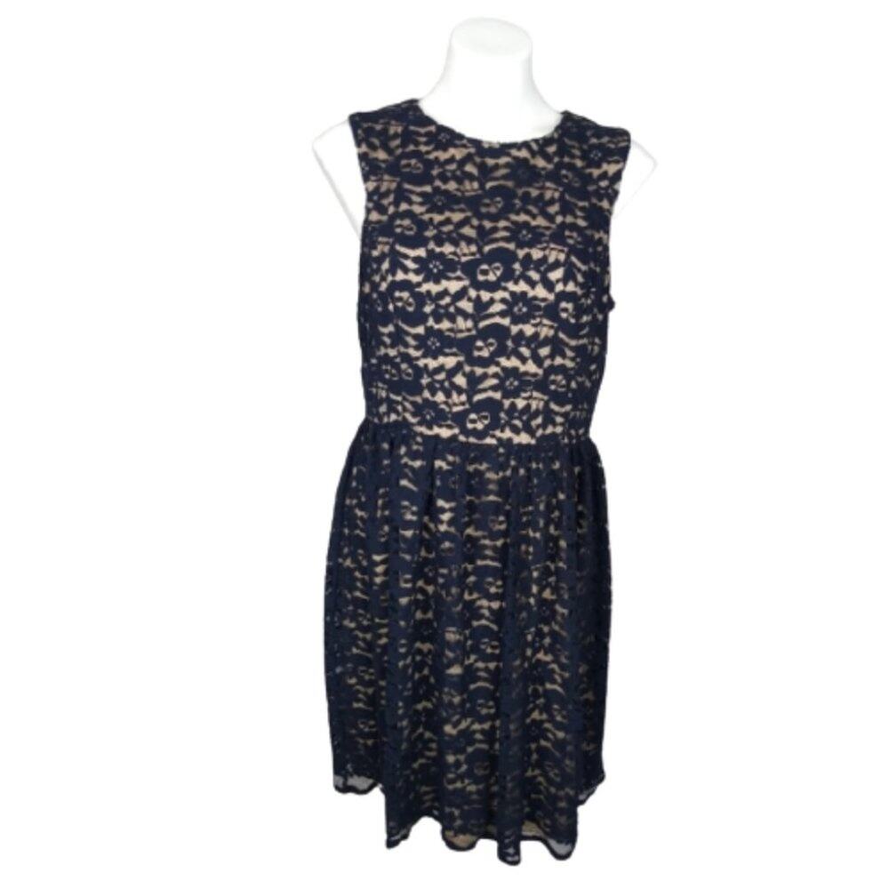 Ivy + Blu Navy Floral Lace Fit & Flare Dress Nude Lining Size 12